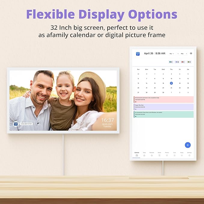 Digital Calendar 32 Inch Touch Screen, Electronic Wall & Desk Calendar Chore Chart for Monthly/Weekly Family Planner and Rewards, 1080P Interactive Display Smart Calendar for Home Organization - White