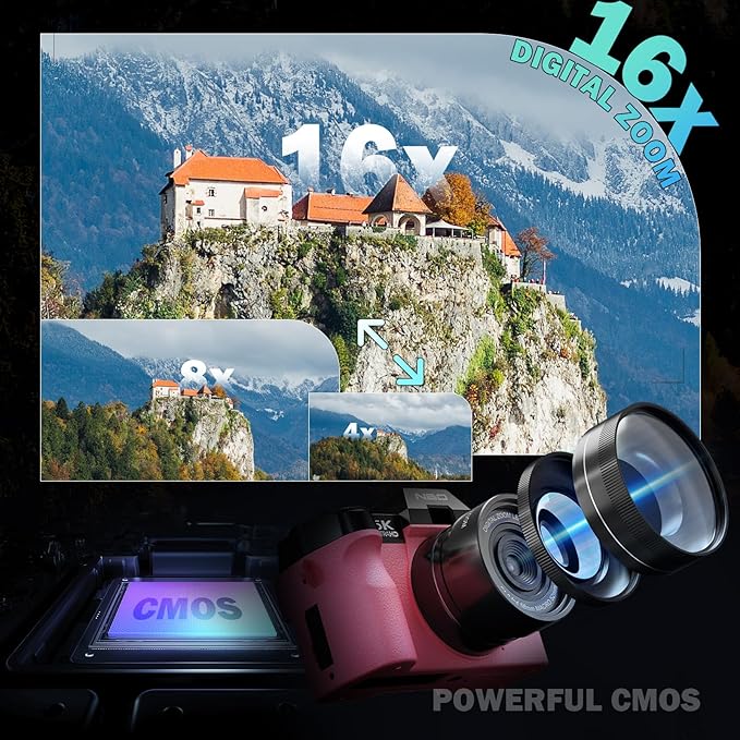 True 5K Digital Cameras for Photography 64MP - 16X Zoom, WiFi, with 64GB TF Card, Wide-Angle & Macro Lens, Autofocus & Anti-Shake, Vlogging Camera for YouTube Travel (Pink)