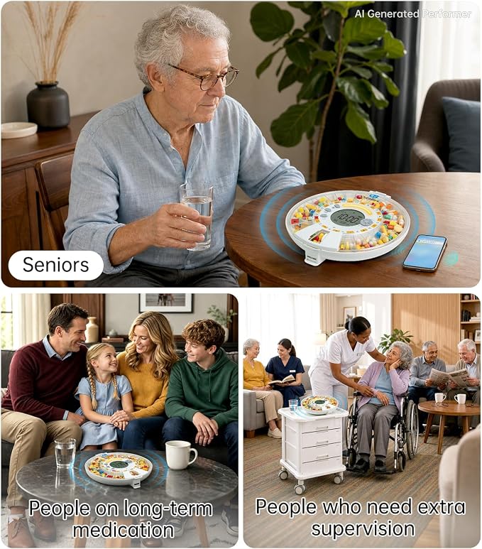 Wi-Fi Automatic Pill Dispenser 28-Day Medication Assistant for Seniors & Caregivers with Remote App Monitoring, Alarms, Sound Light Reminders, Tracks Adherence History, Clear LCD Display, Key Lock