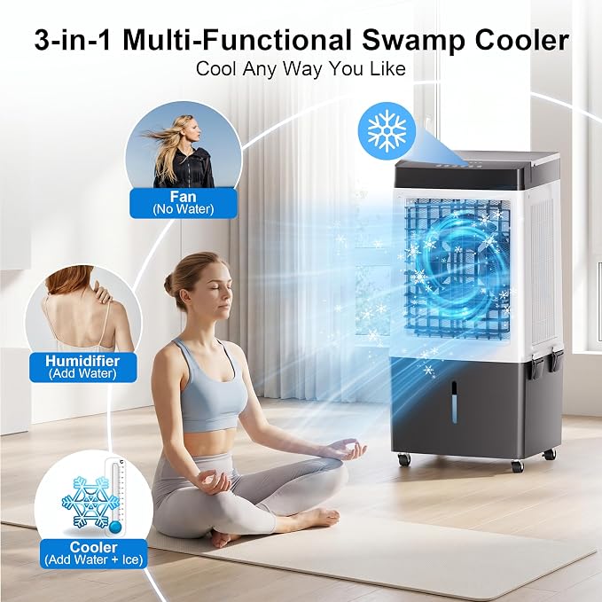 Uthfy Swamp Cooler Air Conditioner, 2200 CFM Evaporative Cooler with 8 Gal Detachable Water Tank & 4 Ice Packs, 120° Oscillation, 3 Speeds, Remote & 12H Timer, 40" Portable Outdoor AC for Bedroom