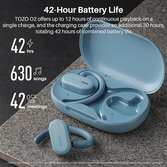 TOZO O2 True Open Ear Wireless Earbuds with Multi-Angle Adjustment, Bluetooth 5.3 Headphones with Bass Sound, Crystal-Clear Calls, 42 Hrs Playtime, Long-Lasting Comfort for Work, Driving, Sport Blue