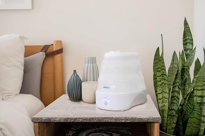 Crane x HALLS Collapsible Cool Mist Humidifier for Bedroom and Office, 1 Gallon Portable Humidifier for Travel and Easy Storage, Blue and White