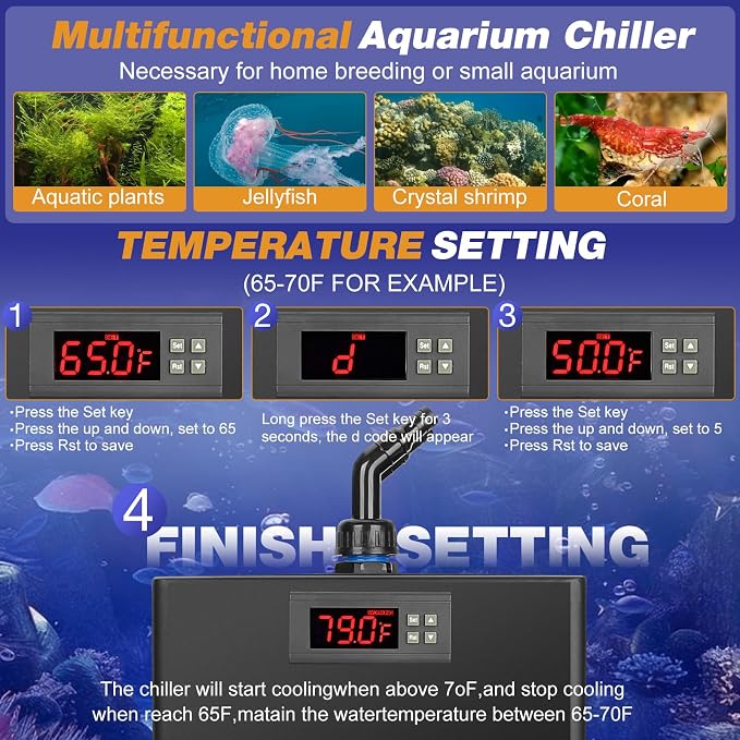 Aquarium Chiller 1/10 HP, 42GAL Fish Tank Water Chiller | Quiet Compressor Refrigeration, Titanium Evaporator, Precise Temp Control