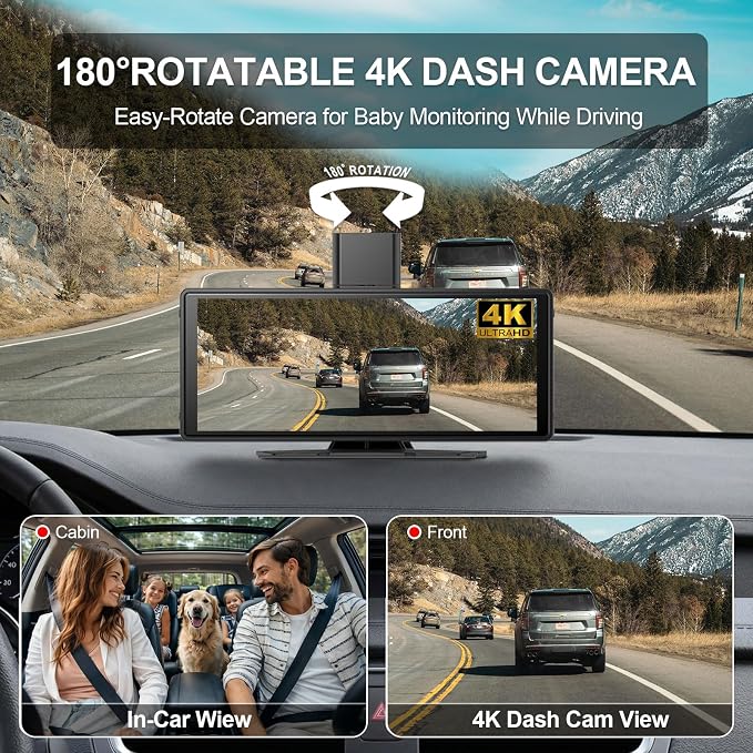 Wireless Carplay Screen for Car,10.26" Portable Apple Carplay and Android auto，4K Dash Cam with Rotatable Lens, 1080P Backup Camera, GPS Navigation, Mirror Link, Siri & Voice Control