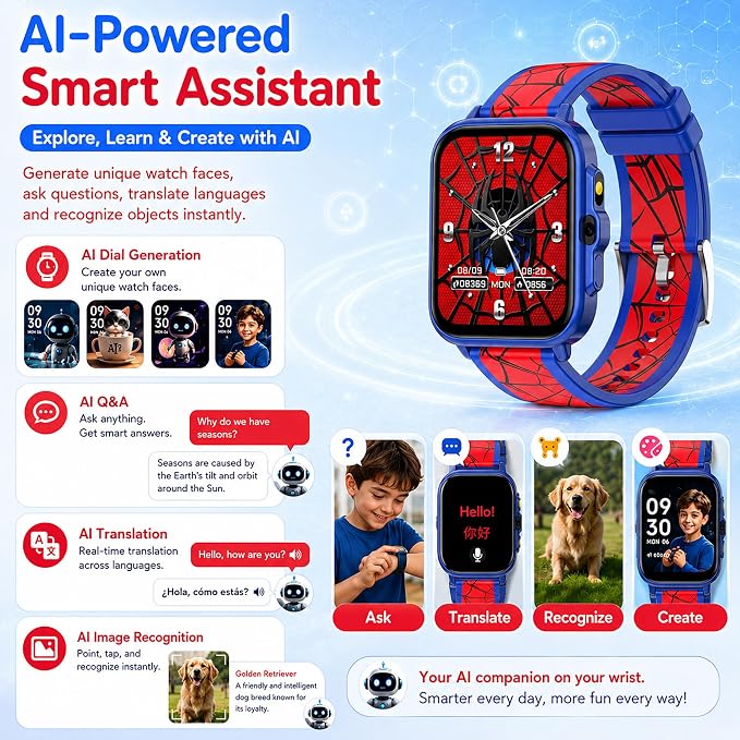 Smart Watch for Kids Boys Age 5-12, Ai Functions Games HD Touch Screen Watches with Video Camera Music Player Pedometer Heart Rate Sleep Tracker Christmas Birthday Gifts for Boys (Blue and Red, 1.85")