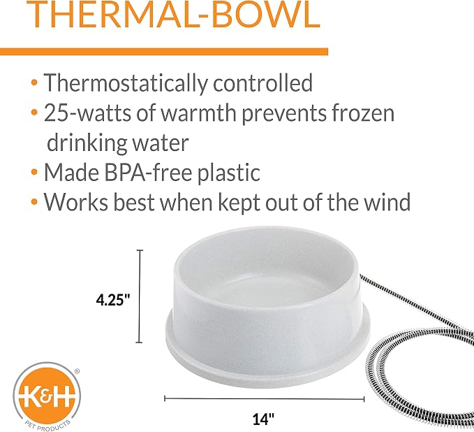 K&H Pet Products Thermal-Bowl Heated Water Bowl for Cats & Dogs Outside, Safety Listed Outdoor Heated Dog Dish for Pets, Automatic No Freeze, Anti Chew Cord - 1.5 Gallons Granite 25W