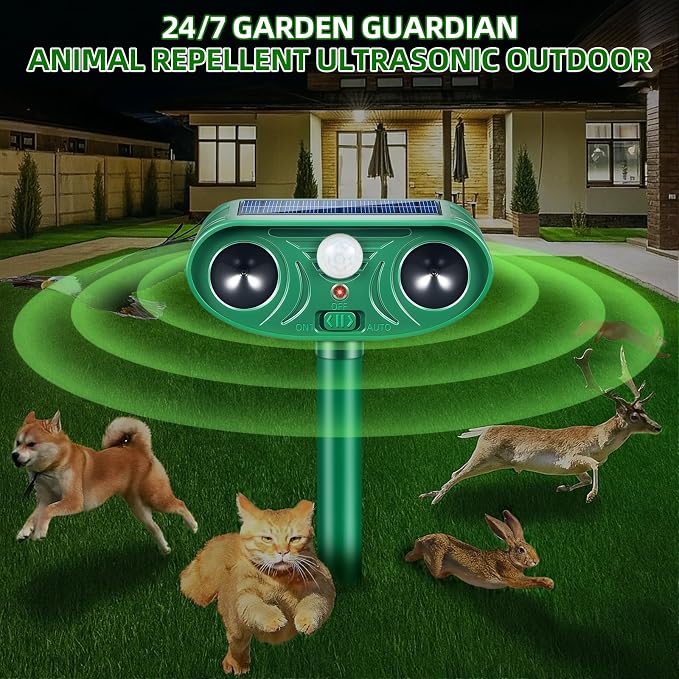 2026 Solar Animal Repellent Outdoor with Motion Deer Repellent Devices Ultrasonic Cat Deterrent Fox Raccoon Rabbit Squirrel Coyote Deterrent Waterproof for Yard & Garden 2Pack