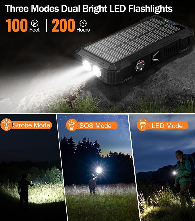 Sudrov Solar Charger Power Bank, 20000mAh Wireless Portable Charger with USB-C in/Output, QC3.0 Fast Charging 15W 4 Ports Outdoor Battery Pack Built-in LED Flashlight, for iPhone, Galaxy, iPad etc