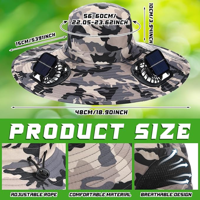 Berlune Sun Hat with 2 Solar Fan Wide Brim Fishing Bucket Hat USB & Solar for Men Women UPF 50+ Cooling for Fishing Beach