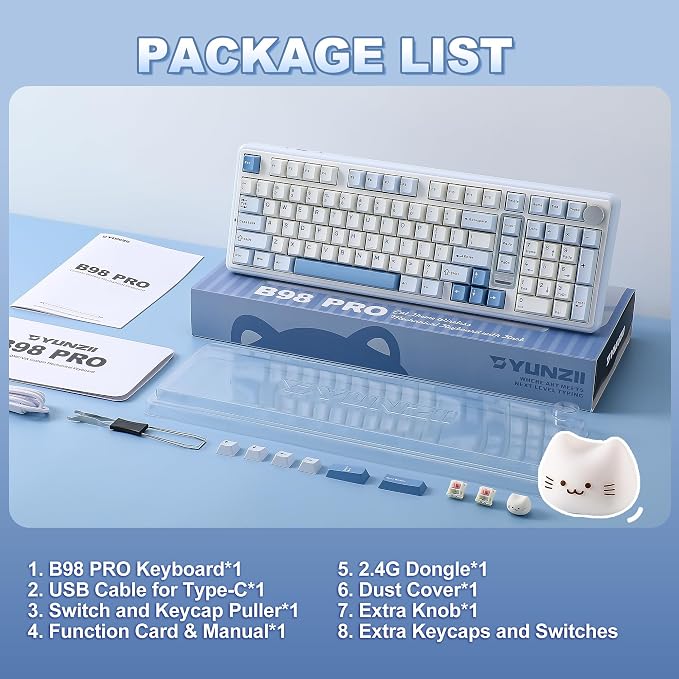 YUNZII B98 PRO QMK/VIA Wireless Mechanical Gaming Keyboard,96% Layout with Numpad and Cute Cat Knob, BT/2.4G/USB-C,Linear Switch Hot Swap Gasket,RGB for Win/Mac (Blue, Milk V2 Linear Switch)