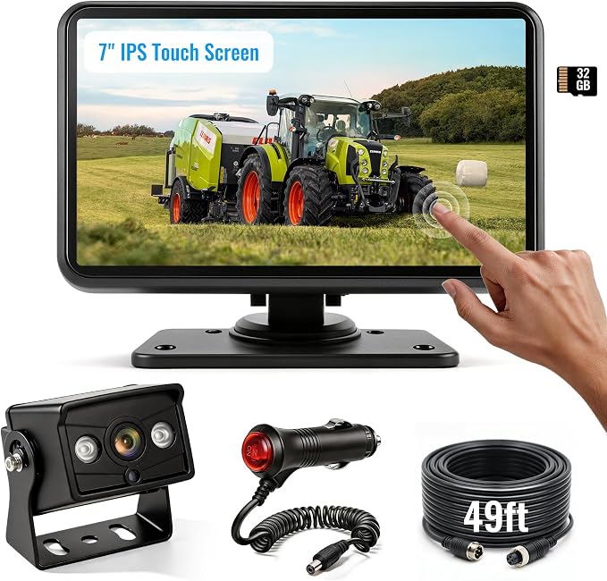 1080P Wired Backup Camera System for Skid Steer, 7" DVR IPS Touchscreen with AHD IP69K Water/Dust Proof Rear Camera, Vibration-Proof 20G for Hitching, Farm Work, UTV, Tractor, Truck, Combine