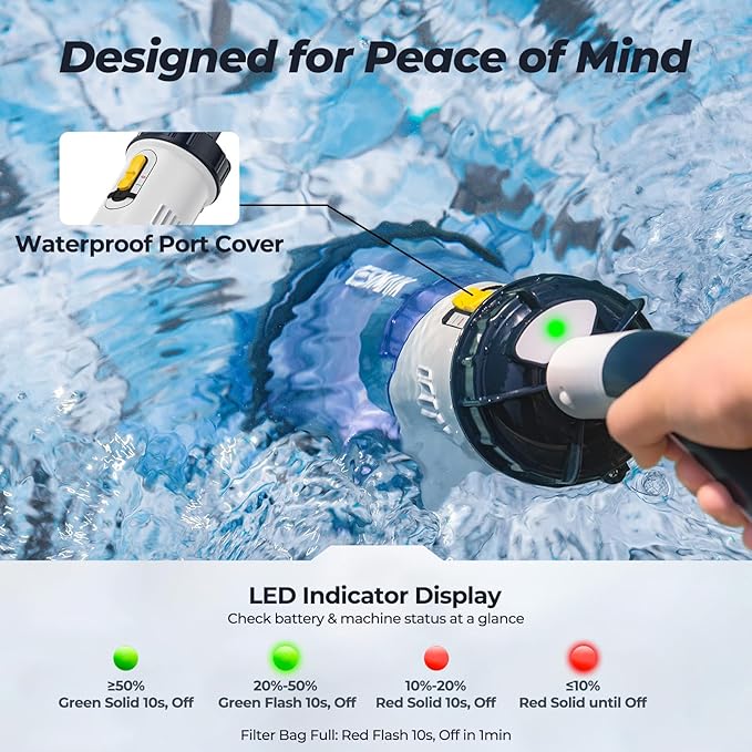 Pool Vacuum for Above Ground Pool, JESIMAIK 18.5 GPM Powerful Suction Pool Vacuum with Telescopic Pole, 60min Runtime Dual Head Rechargeable Pool Cleaner,Ideal for Leaves, Debris