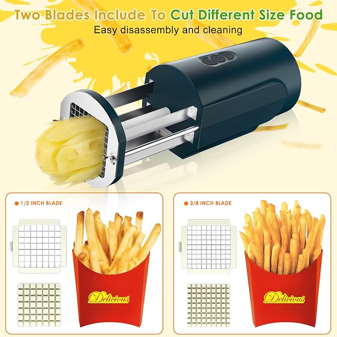 Electric French Fry Cutter, Automatic Professional Potato Stainless Steel Cutter with 1/2 & 3/8 Inch Blade for Potatoes, Carrots, Vegetable (GREEN)