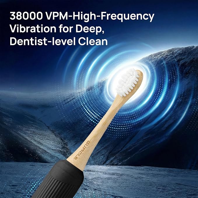 Bamboo Electric Toothbrush for Adults, Electric Toothbrush with 4 Bamboo Heads, Soft Castor Oil Bristles, 5 Modes, Smart Timer, Sonic Technology, IPX7 Waterproof, 70-Day Battery Life-Black