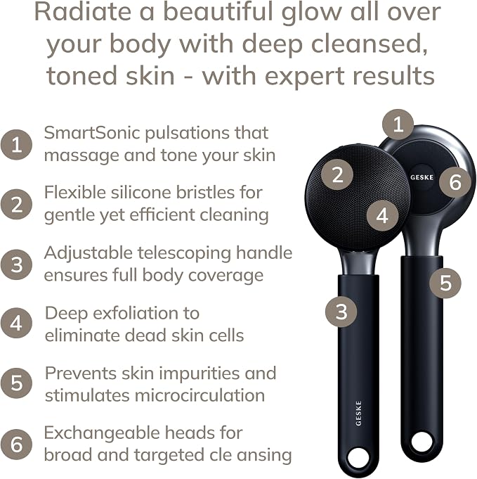 GESKE Sonic Full-Body Brush & Intensive Exfoliator | 8 in 1 | Electric Body Cleansing Brush | With SmartSonic Pulsations | Deep Cleansing, Exfoliation, Massage | Extendable Handle | Rough Skin Remover