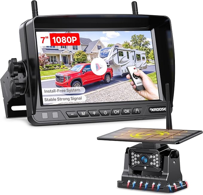 Magnetic Solar Wireless Backup Camera Plug and Play 7" 1080P HD DVR IPS Monitor,IR Night Vision,IP69 Waterproof 1-Min Solar Install,No-Drill,Xroose Wireless Backup Camera for Truck/Trailer/Camp