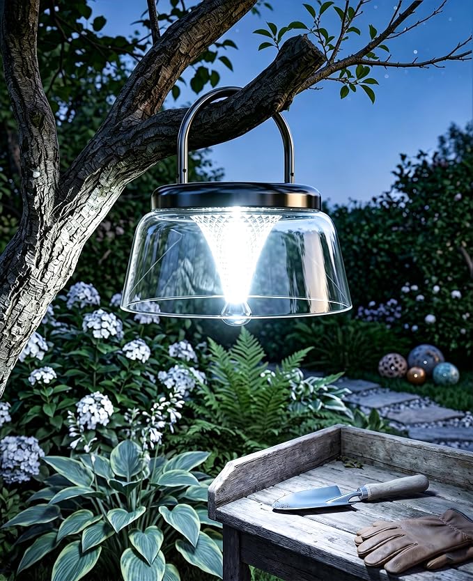 Solar Camping Lantern, Dimmable 360°COB LED Camping Light Rechargeable, IP65 Waterproof Portable Camping Lanterns, Hanging/Tabletop Lamp for Tent, Patio Decor, Emergency Power Outage(Black)