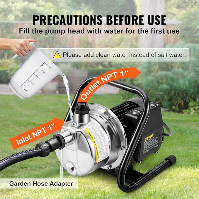 VEVOR Shallow Well Pump,Garden Jet Pump, 1.5 HP 115V, 1200 GPH 164 ft Height, Stainless Steel Sprinkler Booster Jet Pumps for Garden Lawn Irrigation system, Lake Fountain, Water Transfer