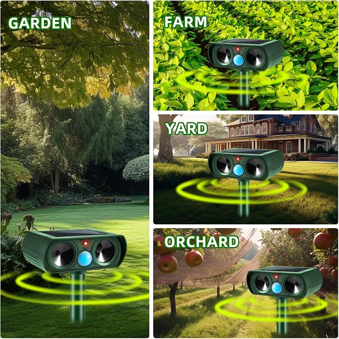 4 Pack 2025 Solar Ultrasonic Repellent Outdoor, Cat Deterrent Squirrel Rabbit Deer Repellent Devices Skunk Repellent for Yard Motion Detection Animal Deterrent for Dog Racoon Rodent Mole
