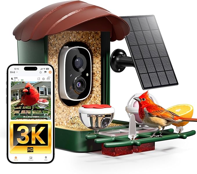 HEAPETS Bird Feeder with Camera Solar Powered, 3K HD Video, AI Bird Recognition, Auto Capture with Instant Notifications, IP65 Weatherproof, Gifts for Fathers Day, Brown