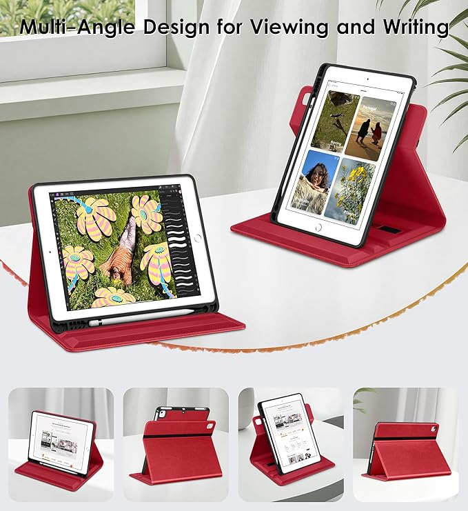 DTTO for iPad 6th / 5th Generation 9.7 Inch (2018/2017), iPad Air 2 / Air 1 Case, 360 Degree Rotating Premium Leather Folio Stand Cover with Pencil Holder, Red