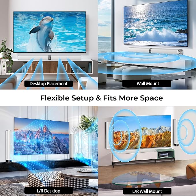 Sound Bar for Smart TV, 80W Soundbar with Bluetooth/ARC/Opt/AUX Connect, Auto Volume Boost, 3 Equalizer Modes, 2 in 1 Detachable Soundbar for TV/PC/Gaming/Projectors