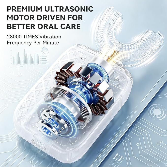 Sonic Electric U Shaped Toothbrush for Adults, Automatic Full Mouth Cleaning Toothbrush, 360° Stain Removal, IPX7 Waterproof Rechargeable, 3 U-Shape & 2 Straight Brush Heads (White)