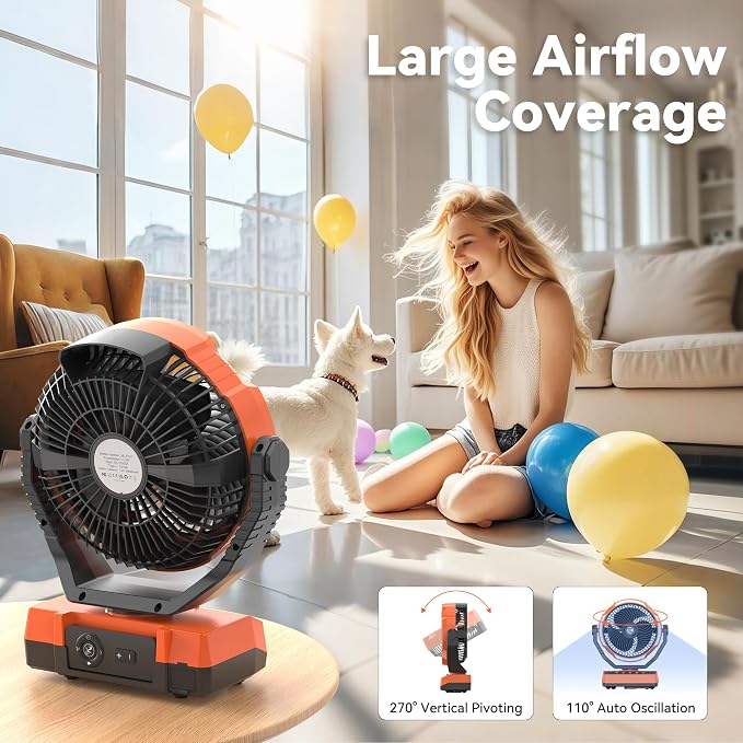 Camping Fan with Light - 20000mAh Rechargeable Battery Fan, 110Hrs Run Time, 4 Speeds, 8H Timers, 110° Auto Oscillation & 270° Pivot Tent Fan with Hook for Camping Power Outage, Hurricane(no adapter)