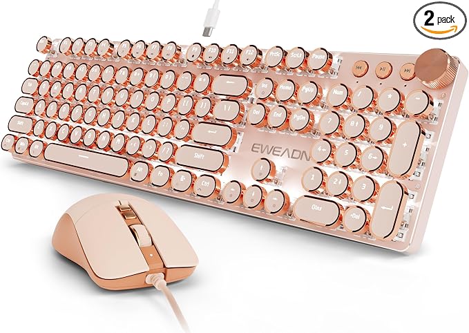 EWEADN Wired Typewriter Keyboard and Mouse Combo, Typewriter Style Mechanical Keyboard,104 Keys Backlit LED Keyboards, Media Control Knob, Wired Keyboard Pink Switch for Windows/PC-Pink