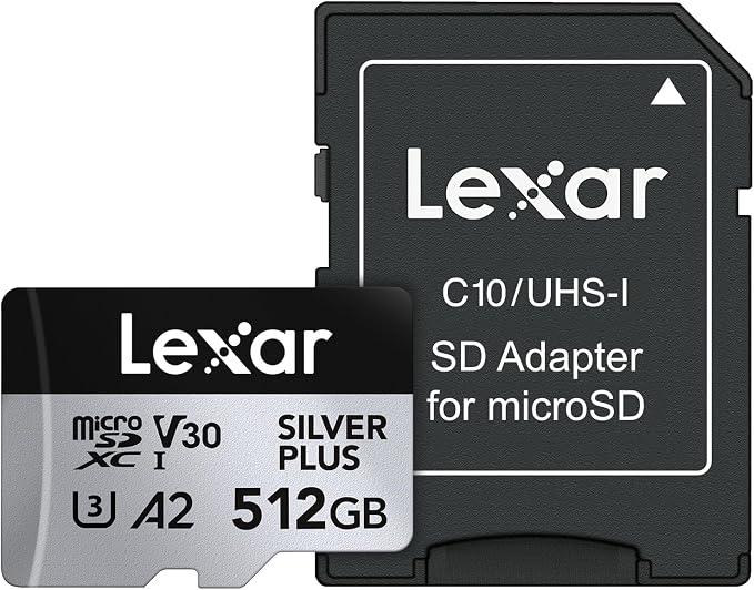 Lexar 512GB Professional Silver Plus Micro SD Card, UHS-I, C10, U3, V30, Full HD & 4K, Up to 205/150 MB/s microSDXC Memory Card, for Videographers, Gamers (LMSSIPL512G-BNANU)