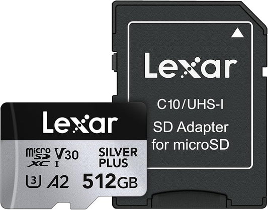 Lexar 512GB Professional Silver Plus Micro SD Card, UHS-I, C10, U3, V30, Full HD & 4K, Up to 205/150 MB/s microSDXC Memory Card, for Videographers, Gamers (LMSSIPL512G-BNANU)