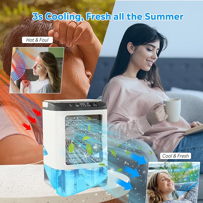 Portable Air Conditioners, Personal Air Conditioner with 2 Mist & 7 Color Light, 3 Speed & Boost Mode, 900ml Large Tank & Icebox, Evaporative Air Cooler AC Cold Fan for Bedroom Office Desk Car