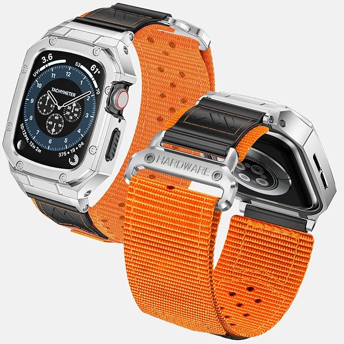 BAITEYOU Band with Case Compatible with Apple Watch Band Series 9 8 7 (41mm) 6 5 4 SE 3 2 1 (40mm 38mm), Nylon Strap with Stainless Steel Metal Rugged Case Cover for iwatch Bands for Men