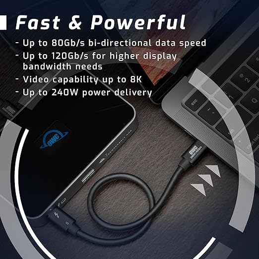 OWC 0.8M Thunderbolt 5 (USB-C) Cable,up to 80Gb/s of bi-Directional Data Speed, up to 120Gb/s for Higher Display Bandwidth, 240W