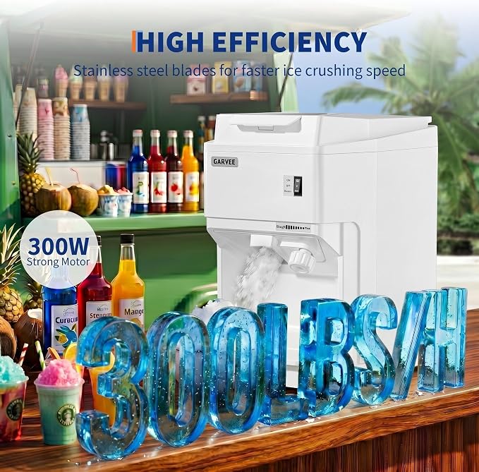 Garvee Commercial Ice Shaver Crusher 300LBS/H, 500W Electric Snow Cone Maker, 500RPM Tabletop Ice Shaving Machine with 5.07LBS Hopper & Stainless Steel Blade for Home, Parties, Snack Bars, White
