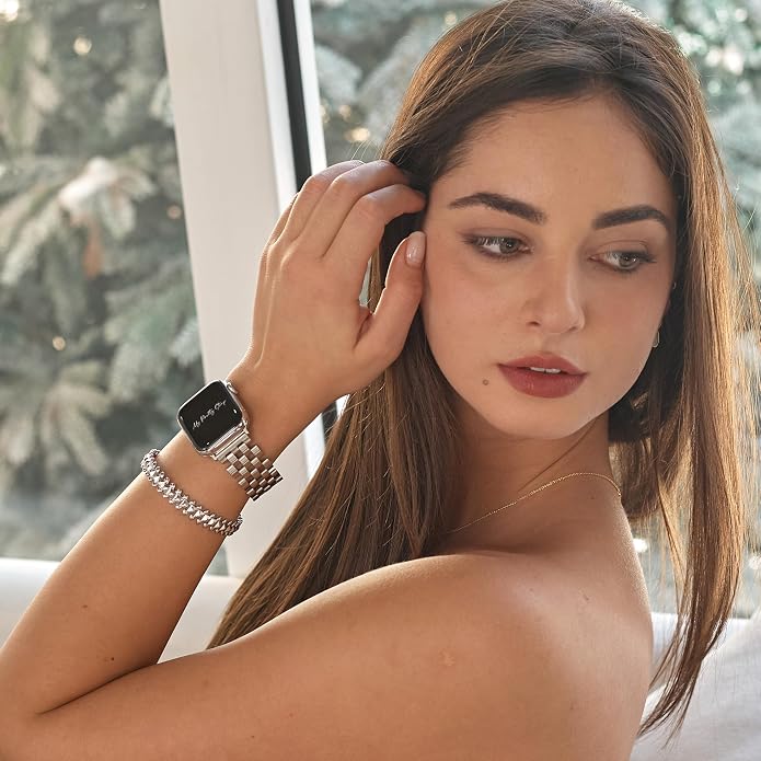 My Pretty Strap - Compatible Apple Watch Band Strap, Stainless Steel Fashion iWatch Replacement Strap- Easy Resizing, No Tool Needed, Fits Most Wrists- Compatible with Series 1-11, SE and Ultra
