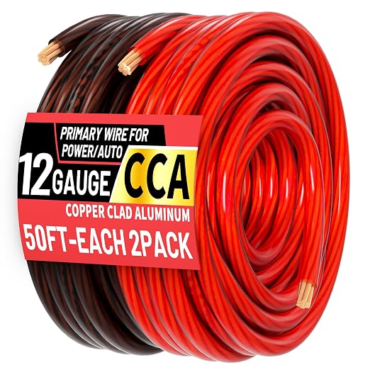 12 Gauge Wire(50FT Black + 50FT Red) Copper Clad Aluminum CCA Battery Cable, Primary Power/Ground Cable for Car Audio Speaker, RV Trailer, Amp, Inverter RV Truck, Translucent Jacket
