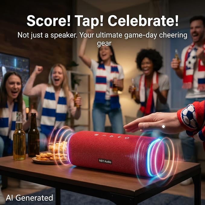 Portable Outdoor Bluetooth Speaker for Camping Showers, IPX7 Waterproof Floating, 25H Playtime, Interacitve Tap-to-Play Drum Beats, RGB Lights for Sports, Hiking, Party, Red