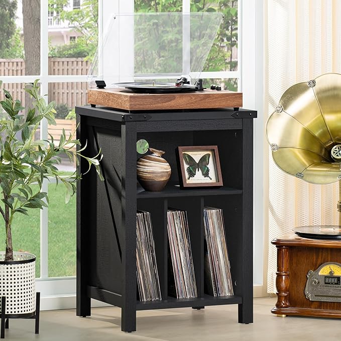 Joaxswe Record Player Stand with Vinyl Record Storage,Black Record Player Table Holds up to 160 Albums,Large Wood Turntable Stand Cabinet Dispaly Shelf for Living Room,Bedroom,Office
