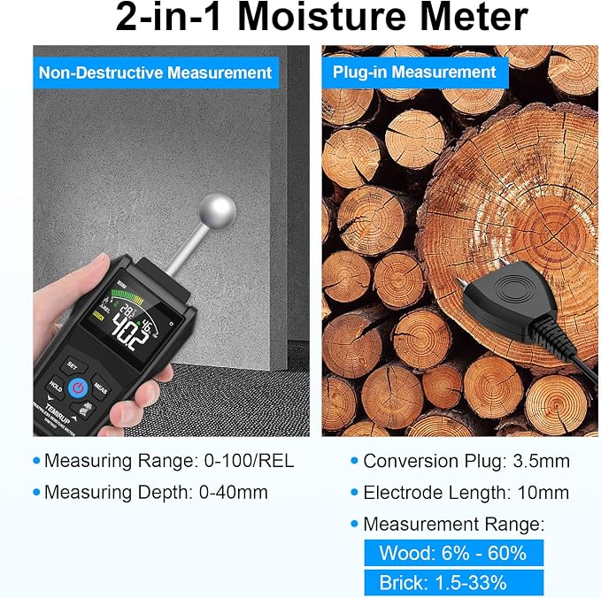 2-in-1 Pin & Pinless Moisture Meter, Digital Moisture Detector for Wood, Drywall & Building Materials, Large Color LCD Display, Acoustic Alarm, Calibration, Detects up to 20-40 mm Below Surface
