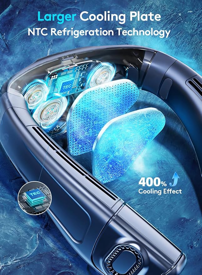 Portable Neck Air Conditioner, Upward & Downward Back Airflow Wearable Fan, Large Cooling Plate, 6000mAh Battery, Lightweight Bladeless Neck Fan for Golf, Travel, Outdoor Work (Dark Blue)