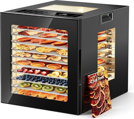 Manastin Food Dehydrator Machine, With Large 10 Stainless Steel Trays, 850W Dryer for Meat Jerky, Fruit Vegetable, 95-167℉ Dehydrated Dryer, 48H Timer,10 Presets, Overheating Protection (Black)