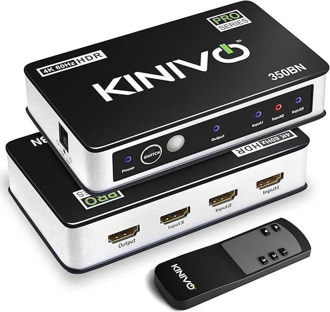 Kinivo HDMI Switch 3 in 1 Out 4K 60Hz (HDR 10, High Speed 18Gbps, IR Remote, HDCP2.2, Dolby Vision, VRR) - 350BN Switcher Compatible with Roku, PS5, Xbox, Apple TV, Nintendo Switch 2, Cable Box