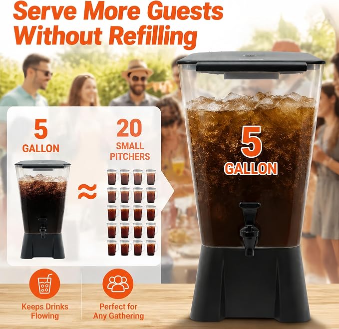 5 Gallon Beverage Dispenser with Spigot, Commercial Juice & Drink Dispenser, Food-Grade Large Water Dispenser for Parties, Weddings, Catering, Tea, Lemonade, Cold Drinks, Clear Plastic Container 19L