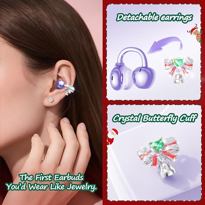 Kinglucky Open-Ear Clip-On Earbuds for Women with Detachable Holiday Bows, All-Day Comfort, Secure Fit, Lightweight Bluetooth 5.4 Wireless Earbuds 50H Playtime, Gift for Her, Clear Calls, Purple