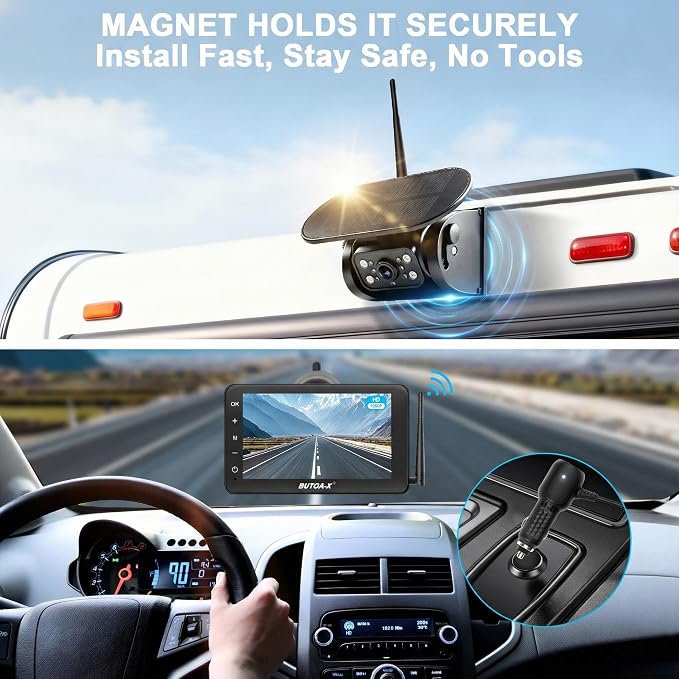 X7 2 Wireless Solar Magnetic Backup Camera for RV Truck - 15000mAh Battery Magnetic Hitch Camera 7” Monitor 320FT Range - 5th Wheel Hitch Gooseneck Travel Boat Horse Trailer Truck