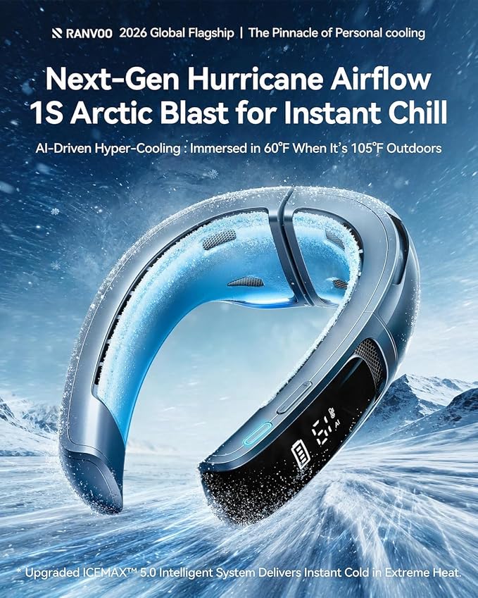 RANVOO AICE LITE MAX 2026 Real AC Cold Blast [No.1 Coolest & Most Durable] AI Neck Air Conditioner, Best Immersive Neck Cooler, 6000 mAh Rechargeable Neck Fan Blow Cold Air, Summer Gifts for Mom Blue
