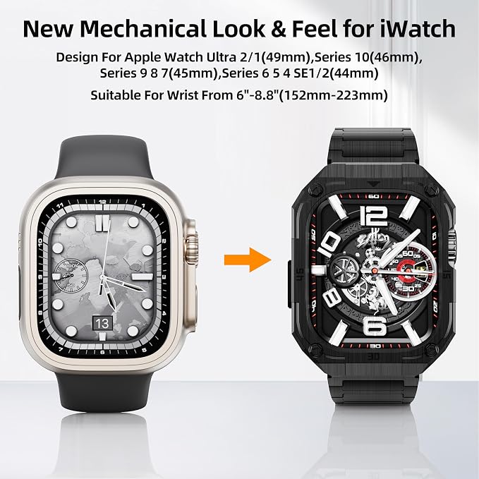 Business Stainless Steel Case with Band Compatiable for 49mm Apple Watch Ultra 3/2/1 bands for men, Rorust Metal Apple Watch Bumper Case Cover with Solid Replacement Strap for iWatch Band,Black