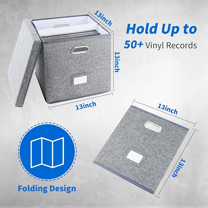 ZEDKEHO Vinyl Record Storage Box Set of 2 - Album Storage Holds 100+ Single Records, Decorative LP Storage Organizer Crate with Lid, Sturdy Moving Boxes for Records