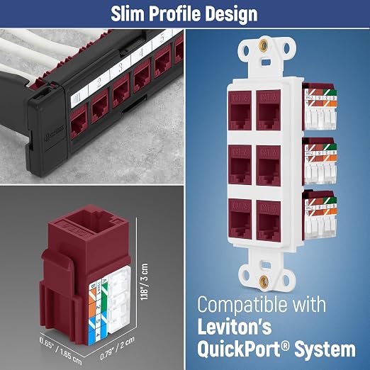 Everest 90° Angled RJ45 Cat6A Keystone Jacks 20-Pack in Red - Slim Profile Female RJ45 Connectors - Cat 6A Keystone Jack - Compatible with 90° Angled Speed Termination Tool - easyJACK (B094WB91H3)